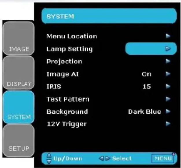 SYSTEM Menu Location Lamp Setting Projection Image AI On IRIS 15 Test Pattern Background Dark Blue 12V Trigger SYSTEM UP/Down Select MENU