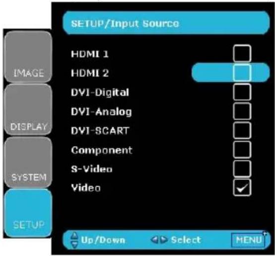SETUP/Input Source HDMI 1 HDMI 2 DVI-Digital DVI-Analog DVI-SCART Component S-Video Video Up/Down Select MENU