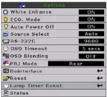 Options White Enhance ON ECO. Mode ON Auto Power Off ON Source Select Auto RS-232C 9600 OSD Timeout 5 secs OSD Blending OFF PRJ Mode Rear Deinterlace Reset Lamp Timer Reset Status