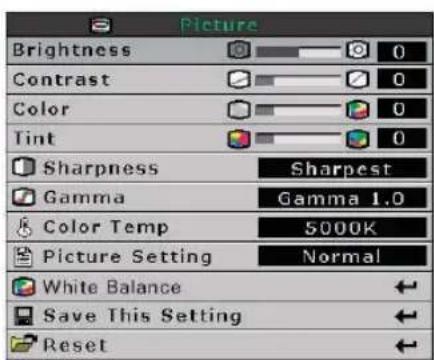Picture Brightness 0 Contrast 0 Color 0 Tint 0 Sharpness Sharpest Gamma Gamma 1.0 Color Temp 5000K Picture Setting Normal White Balance Save This Setting Reset