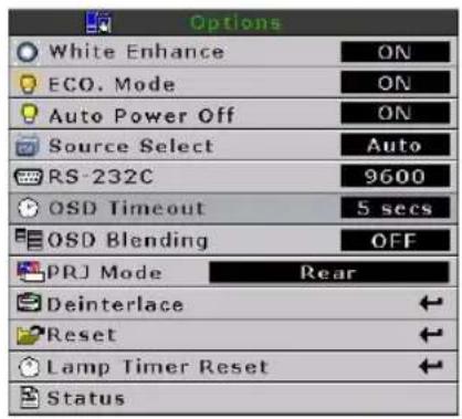 Options White Enhance ON ECO. Mode ON Auto Power Off ON Source Select Auto RS-232C 9600 OSD Timeout 5 secs OSD Blending OFF PRJ Mode Rear Deinterlace Reset Lamp Timer Reset Status