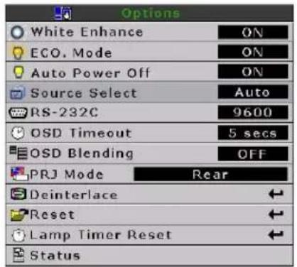 Options White Enhance ON ECO. Mode ON Auto Power Off ON Source Select Auto RS-232C 9600 OSD Timeout 5 secs OSD Blending OFF PRJ Mode Rear Deinterlace Reset Lamp Timer Reset Status