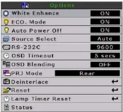 Options White Enhance ON ECO. Mode ON Auto Power Off ON Source Select Auto RS-232C 9600 OSD Timeout 5 secs OSD Blending OFF PRJ Mode Rear Deinterlace Reset Lamp Timer Reset Status
