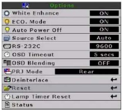 Options White Enhance ON ECO. Mode ON Auto Power Off ON Source Select Auto RS-232C 9600 OSD Timeout 5 secs OSD Blending OFF PRJ Mode Rear Deinterlace Reset Lamp Timer Reset Status