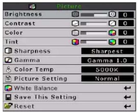 Picture Brightness 0 Contrast 0 Color 0 Tint 0 Sharpness Sharpest Gamma Gamma 1.0 Color Temp 5000K Picture Setting Normal White Balance Save This Setting Reset