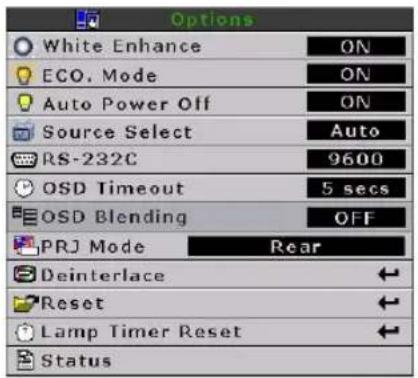 Options White Enhance ON ECO. Mode ON Auto Power Off ON Source Select Auto RS-232C 9600 OSD Timeout 5 secs OSD Blending OFF PRJ Mode Rear Deinterlace Reset Lamp Timer Reset Status