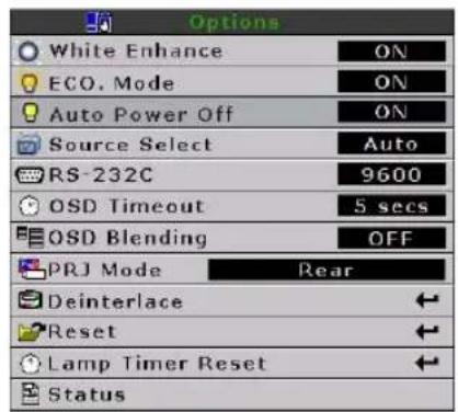 Options White Enhance ON ECO. Mode ON Auto Power Off ON Source Select Auto RS-232C 9600 OSD Timeout 5 secs OSD Blending OFF PRJ Mode Rear Deinterlace Reset Lamp Timer Reset Status