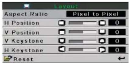 Layout Aspect Ratio Pixel to Pixel H Position 0 V Position 0 V Keystone 0 H Keystone 0 Reset