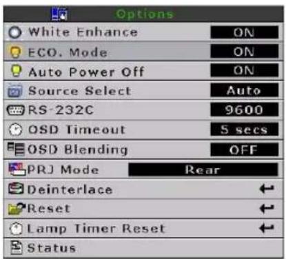 Options White Enhance ON ECO. Mode ON Auto Power Off ON Source Select Auto RS-232C 9600 OSD Timeout 5 secs OSD Blending OFF PRJ Mode Rear Deinterlace Reset Lamp Timer Reset Status