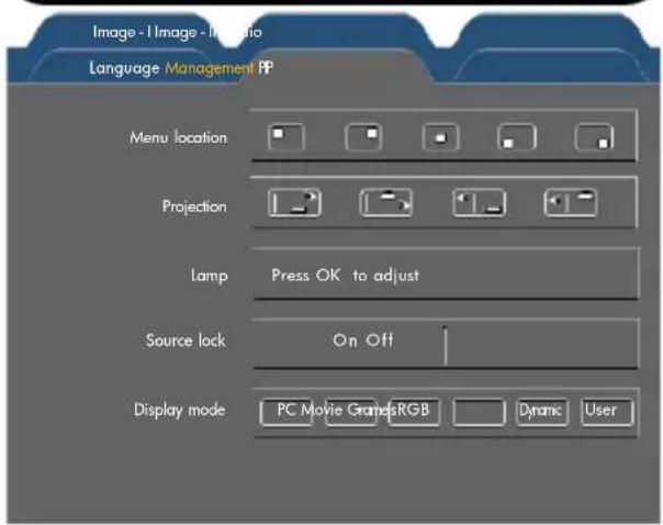 Image - Image - Audio Language Management PP Menu location Projection Lamp Press OK to adjust Source lock On Off Display mode PC Movie GrandRGB Dynamic User