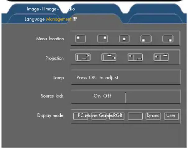 Image - I Image - Audio Language Management IP Menu location Projection Lamp Press OK to adjust Source lock On Off Display mode PC Movie GamesRGB Dynamic User