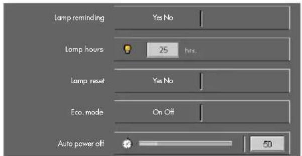 Lamp reminding Yes No Lamp hours 25 hrs. Lamp reset Yes No Eco. mode On Off Auto power off 50