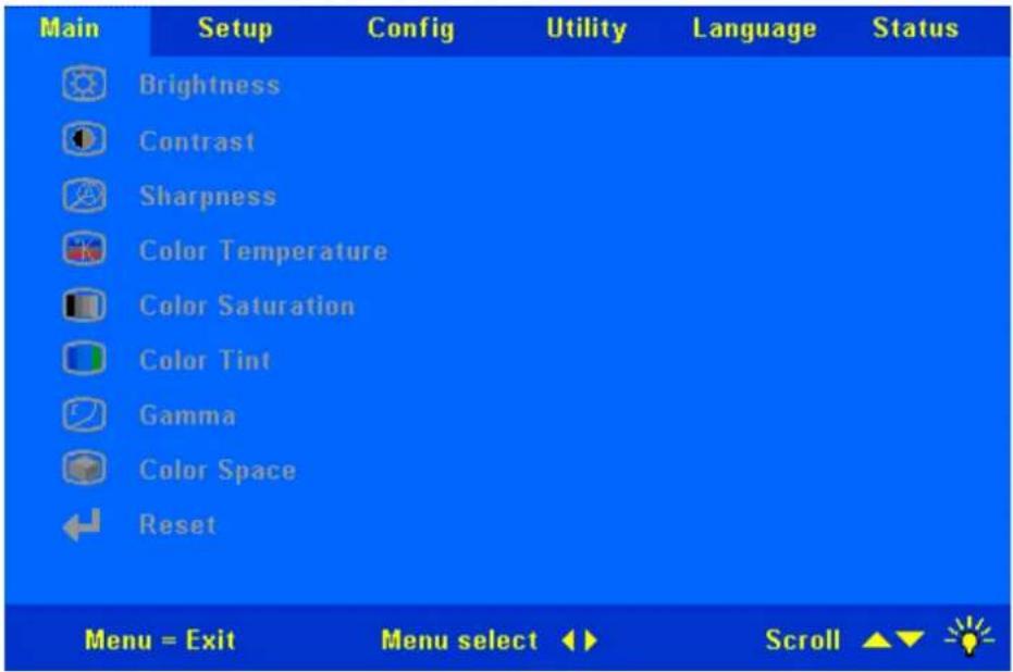 Main Setup Config Utility Language Status Brightness Contrast Sharpness Color Temperature Color Saturation Color Tint Gamma Color Space Reset Menu = Exit Menu select Scroll