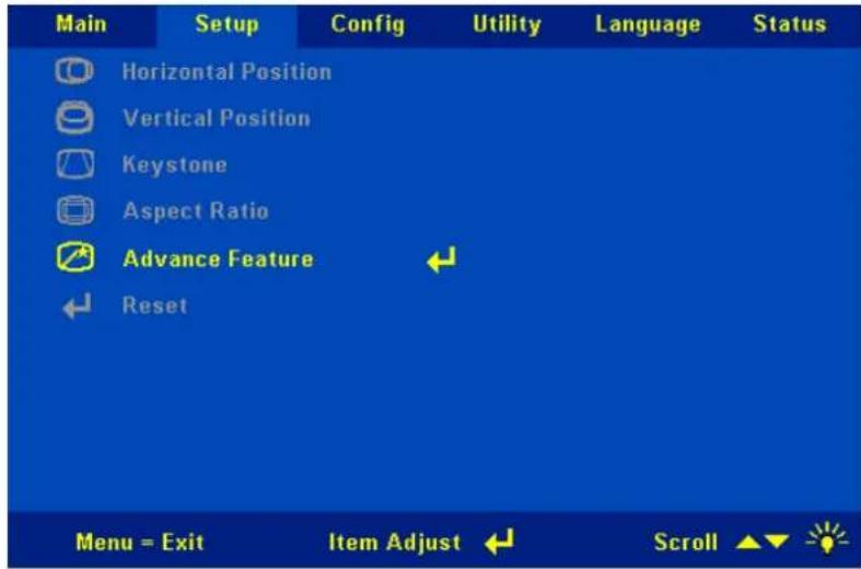 Main Setup Config Utility Language Status Horizontal Position Vertical Position Keystone Aspect Ratio Advance Feature Reset Menu = Exit Item Adjust Scroll