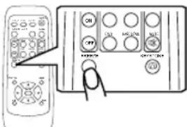 Diagram showing remote control interface with labeled buttons and a hand pointing to the button