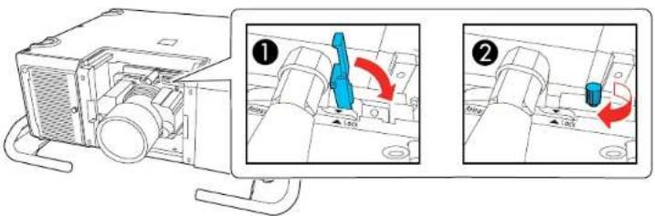 Diagram showing two steps of a device operation: first with blue tool and red rotation arrow, second with blue tool and red rotation arrow.
