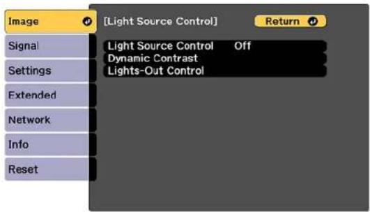 Image Signal Settings Extended Network Info Reset [Light Source Control] Return Light Source Control Off Dynamic Contrast Lights-Out Control