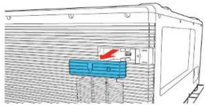 Technical diagram showing a blue component inside a train or container with directional arrows and dimension labels