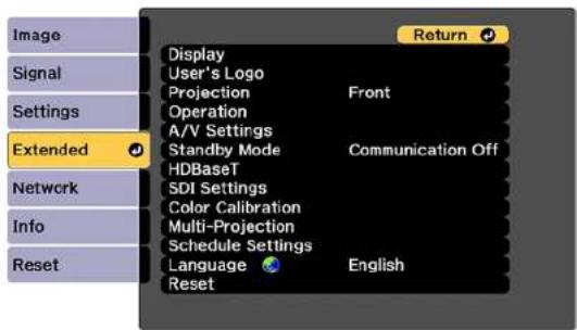 Image Signal Settings Extended Network Info Reset Display User's Logo Projection Front Operation A/V Settings Standby Mode Communication Off HDBaseT SDI Settings Color Calibration Multi-Projection Schedule Settings Language English Reset