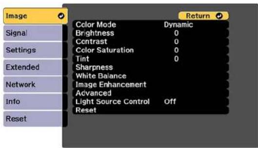 Image Signal Settings Extended Network Info Reset Color Mode Brightness Contrast Color Saturation Tint Sharpness White Balance Image Enhancement Advanced Light Source Control Off Reset Return