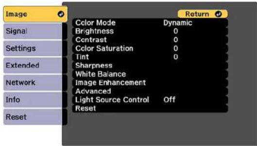 Image Signal Settings Extended Network Info Reset Color Mode Brightness Contrast Color Saturation Tint Sharpness White Balance Image Enhancement Advanced Light Source Control Reset Return Dynamic 0 0 0 0 Off