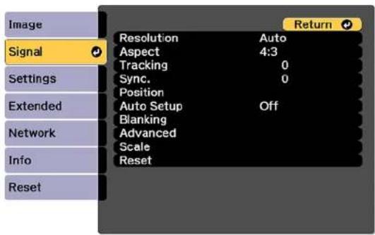 Image Signal Settings Extended Network Info Reset Resolution Auto Aspect 4:3 Tracking 0 Sync. 0 Position Auto Setup Off Blanking Advanced Scale Reset Return