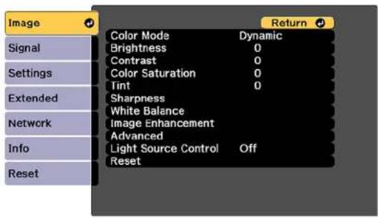 Image Signal Settings Extended Network Info Reset Color Mode Brightness Contrast Color Saturation Tint Sharpness White Balance Image Enhancement Advanced Light Source Control Off Reset Return Dynamic 0 0 0 0 Off