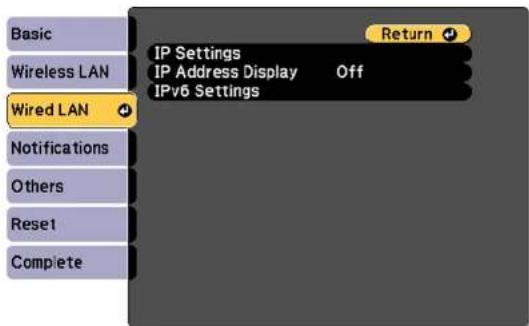 Basic Wireless LAN Wired LAN Notifications Others Reset1 Complete IP Settings IP Address Display Off IPv6 Settings Return