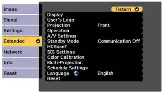 Image Signal Settings Extended Network Info Reset Display User's Logo Projection Front Operation A/V Settings Standby Mode Communication Off HDBaseT SDI Settings Color Calibration Multi-Projection Schedule Settings Language English Reset