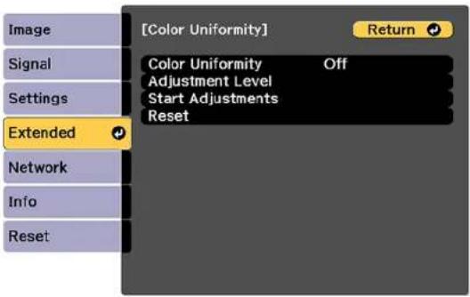 [Color Uniformity] Return Signal Settings Extended Network Info Reset Color Uniformity Off Adjustment Level Start Adjustments Reset