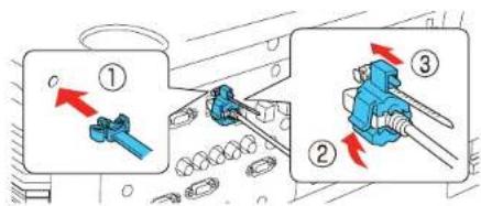 Technical diagram showing mechanical assembly steps with numbered components and directional arrows indicating motion