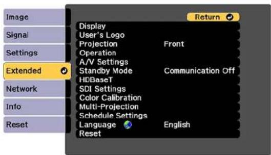 Image Signal Settings Extended Network Info Reset Display User's Logo Projection Front Operation A/V Settings Standby Mode Communication Off HDBaseT SDI Settings Color Calibration Multi-Projection Schedule Settings Language English Reset