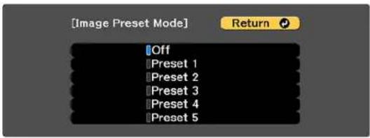 [Image Preset Mode] Off Preset 1 Preset 2 Preset 3 Preset 4 Preset 5 Return