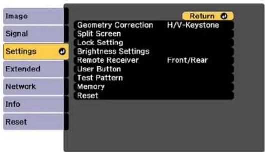 Image Signal Settings Extended Network Info Reset Geometry Correction H/V-Keystone Split Screen Lock Setting Brightness Settings Remote Receiver Front/Rear User Button Test Pattern Memory Reset Return