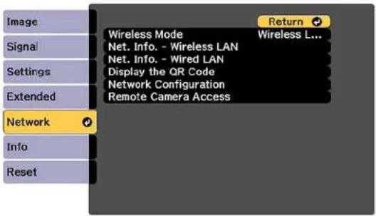 Image Signal Settings Extended Network Info Reset Wireless Mode Wireless L... Net. Info. - Wireless LAN Net. Info. - Wired LAN Display the QR Code Network Configuration Remote Camera Access Return