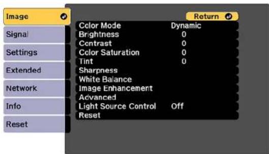 Image Signal Settings Extended Network Info Reset Color Mode Brightness Contrast Color Saturation Tint Sharpness White Balance Image Enhancement Advanced Light Source Control Reset Return Dynamic 0 0 0 0 Off