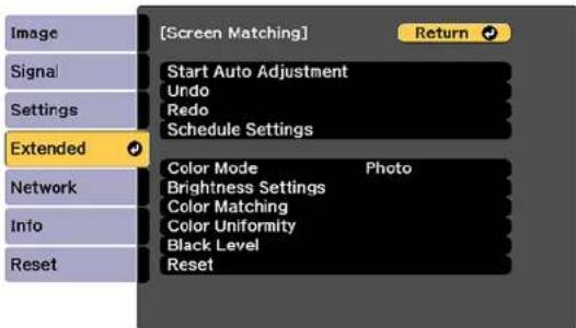 [Screen Matching] Return Start Auto Adjustment Undo Redo Schedule Settings Extended Color Mode Photo Brightness Settings Color Matching Color Uniformity Black Level Reset