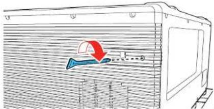 Diagram showing airflow or fluid flow through a container with a red arrow indicating direction and a blue arrow pointing to a component.