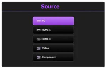 Source PC HDMI-1 HDMI-2 Video Component