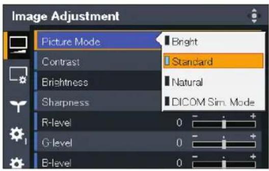 Image Adjustment Picture Mode Bright Contrast Standard Brightness Natural Sharpness DICOM Sim. Mode R-level 0 G-level 0 B-level 0