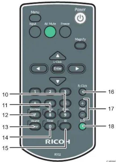 Menu Input AV Mute Freeze Power Magnify L-Click Enter R-Click 16 17 10 11 12 7 Keystone Volume RICOH Page - Ec3 18 13 0 R102 CUD059
