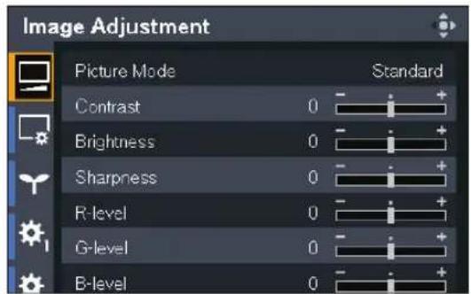 Image Adjustment Picture Mode Standard Contrast 0 - Brightness 0 - Sharpness 0 - R-level 0 - G-level 0 - B-level 0 -