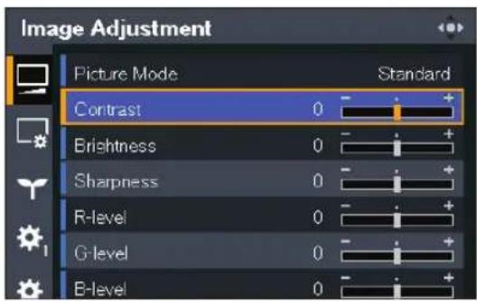 Image Adjustment Picture Mode Standard Contrast 0 Brightness 0 Sharpness 0 R-level 0 G-level 0 B-level 0