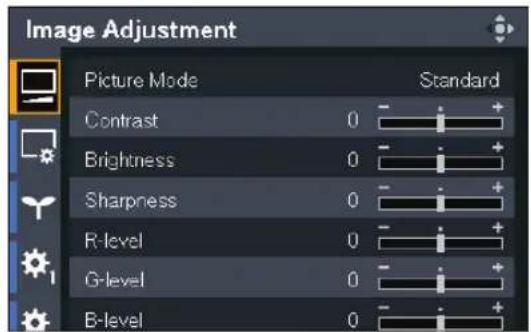 Image Adjustment Picture Mode Standard Contrast 0 - Brightness 0 - Sharpness 0 - R-level 0 - G-level 0 - B-level 0 -