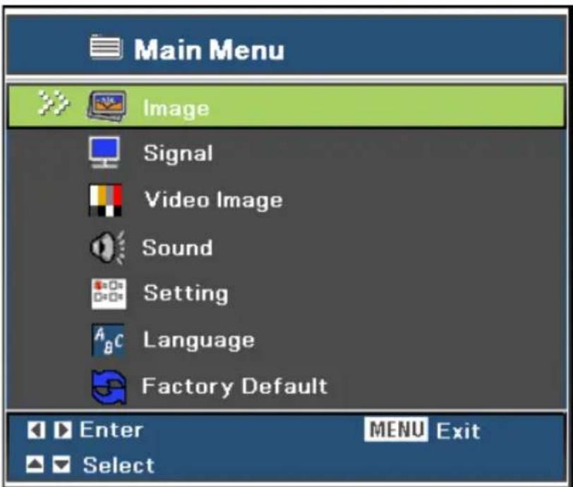 Main Menu Image Signal Video Image Sound Setting Language Factory Default Enter MENU Exit Select