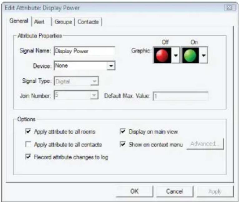 Edit Attribute: Display Power General | Alert | Groups | Contacts | Attribute Properties Signal Name: Display Power Device: None Signal Type: Digital Join Number: 5 Default Max. Value: 1 Options ✓ Apply attribute to all rooms ✓ Display on main view ☐ Apply attribute to all contacts ✓ Show on context menu Advanced... ✓ Record attribute changes to log OK Cancel Apply