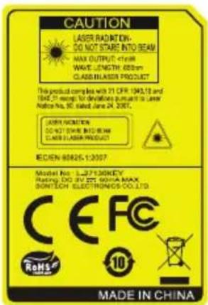CAUTION LASER RADIOT ON- DO NOT STARE INTO BEAM MAX OUTPUT: <145nm WAVE LENGTH: 600mm CLASS IN LASER PRODUCT This product complies with 21 CFR 1943.12 and 1845.21 (except for deviations pursuant to Laser Notice No. 50, stated June 24, 2007. LABORATION DO NOT STARE INTO BEAM CLASS IN LASER PRODUCT EDEN-60826.1/2007 Model No.: 12736096Y Rating: DQ: 3V 225 60Hz MAX BONTECH ELECTRONICS CO.,LTD CEFC ReHS 10 MADE IN CHINA