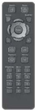 Black and white image of a remote control with labeled buttons and icons