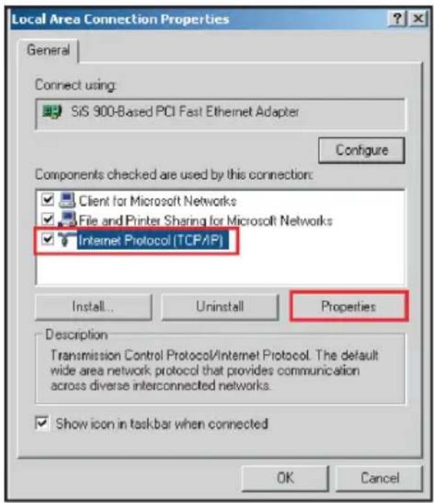 Local Area Connection Properties General Connect using: SiS 900-Based PCI Fast Ethernet Adapter Configure Components checked are used by this connection: Client for Microsoft Networks File and Printer Sharing for Microsoft Networks Internet Protocol [TCP/IP] Install... Uninstall Properties Description Transmission Control Protocol/Internet Protocol. The default wide area network protocol that provides communication across diverse interconnected networks. Show icon in taskbar when connected OK Cancel