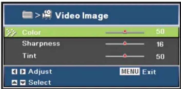 Video Image Color 50 Sharpness 16 Tint 50 Adjust MENU Exit Select